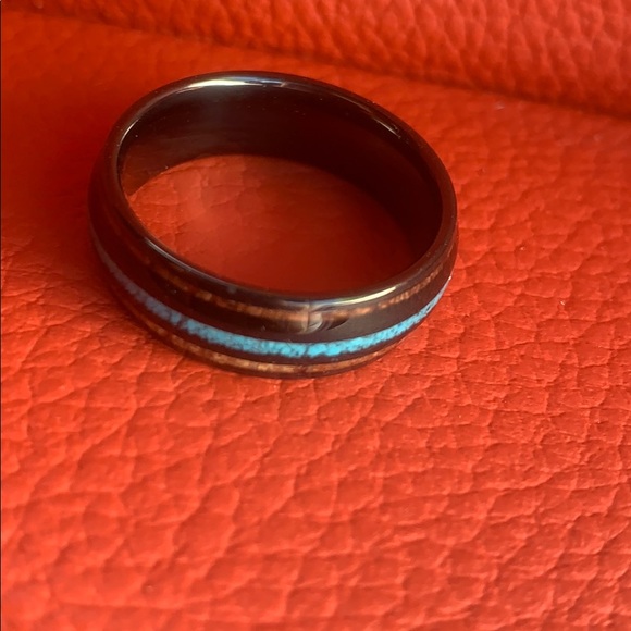 8mm Wood & Crushed Turquoise Tungsten Wedding band - Picture 11 of 12